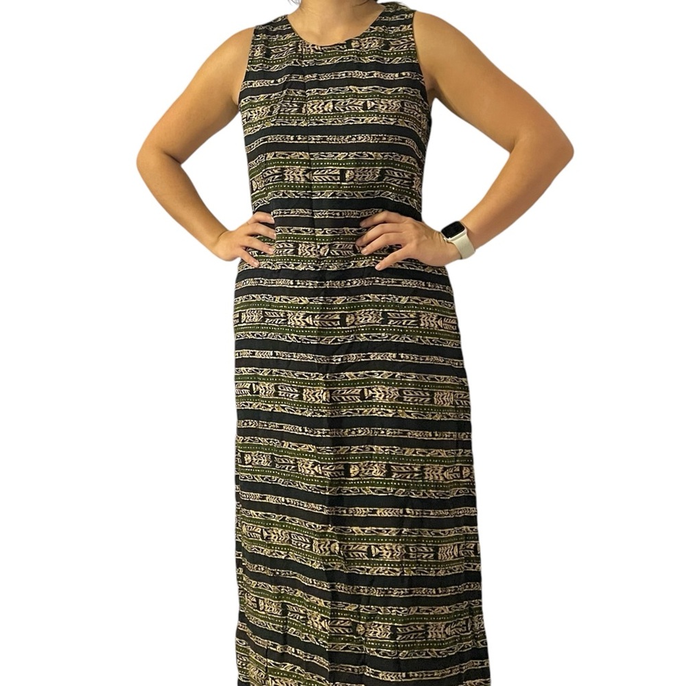 Vintage Striped Tribal Boho Sleeveless Maxi Dress Flowy Black Green Tan Medium